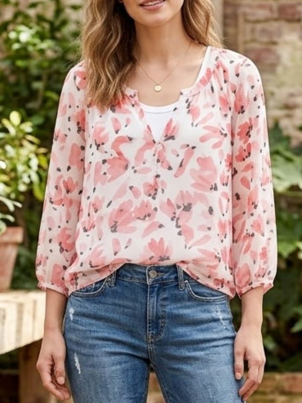 ANN TAYLOR FACTORY Sheer Pink Watercolor Print Popover Blouse, XS